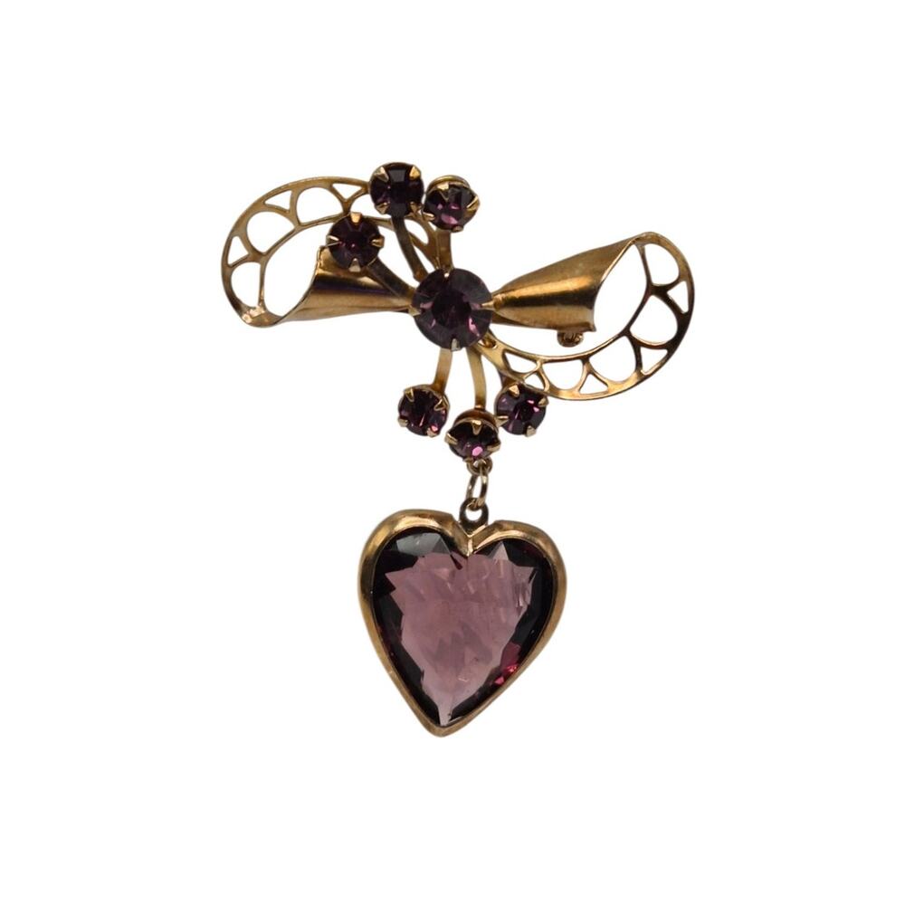 Vintage Amethyst Glass Heart Brooch Gold Tone Dangle Circa 1950s